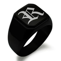 Stainless Steel Letter R Initial Old English Monogram Engraved Engraved Square Flat Top Biker Style Polished Signet Ring