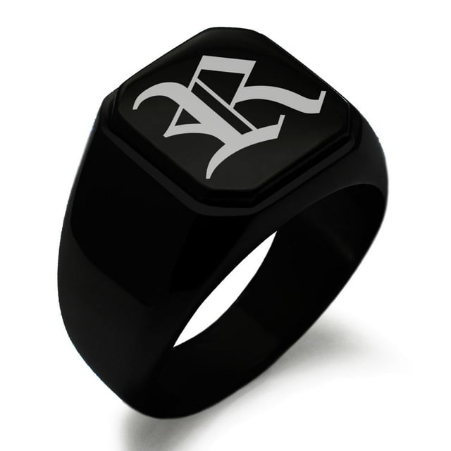 Stainless Steel Letter R Initial Old English Monogram Engraved Engraved Square Flat Top Biker Style Polished Signet Ring