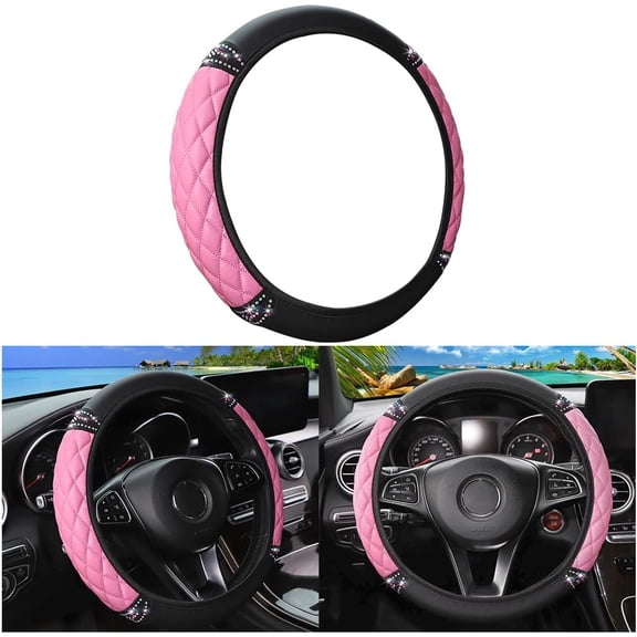 Bling Car Steering Wheel Cover, 14.5-15inch Sheepskin Crystal Rhinestones Elastic Vehicle Steering Wheel Protector, Auto Interior Accessories, Universal for SUV Sedan Truck (Pink)