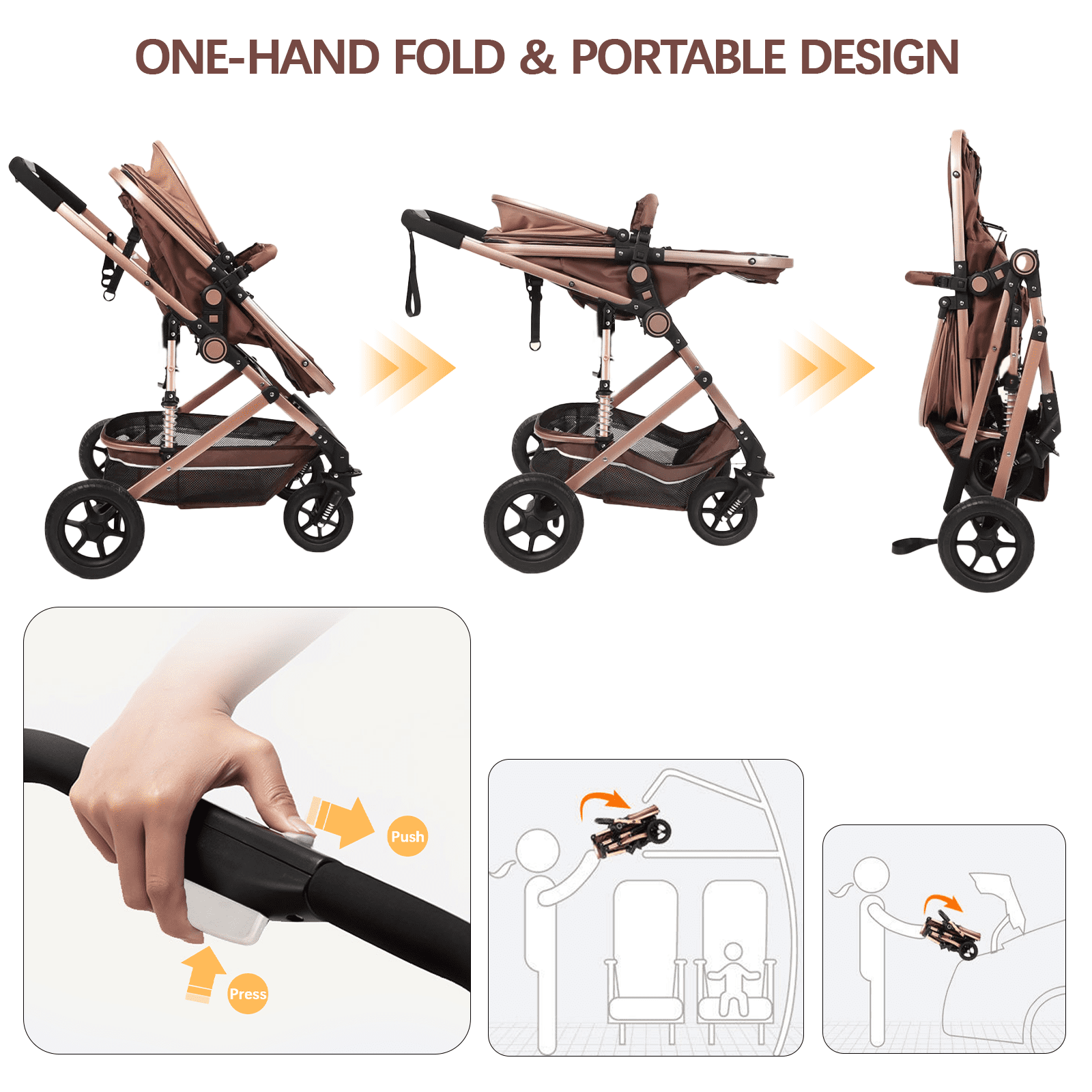 OEIKPFN Baby Stroller, Foldable Baby Stroller Reversible Bassinet, Travel Stroller for Newborn, Khaki