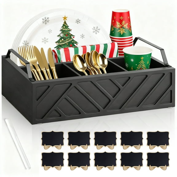 Paper Plate Dispenser and Holder for Kitchen Counter, Cutlery Flatware Organizer Box for Cups Spoons Forks Napkins, Kitchen Accessories (Black)