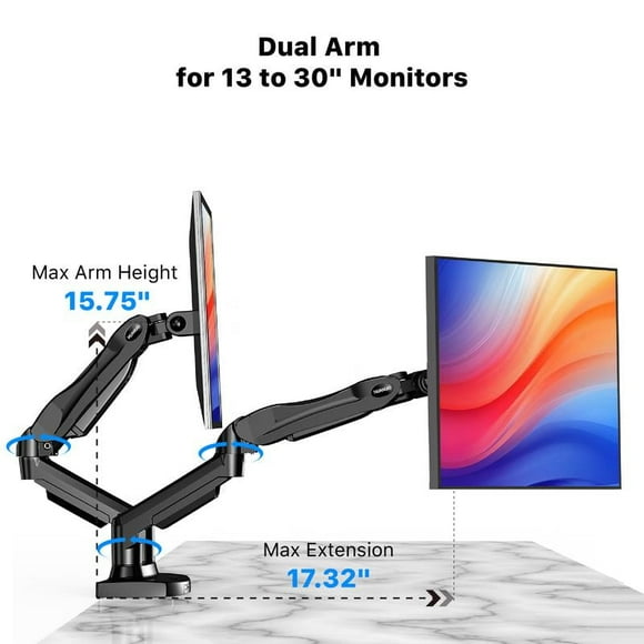 HUANUO Dual Monitor Arm - Adjustable Gas Spring Mount for 30" Monitors, 19.8 lbs Max Weight, C-Clamp or Grommet Mounting for Gaming & Office Setup