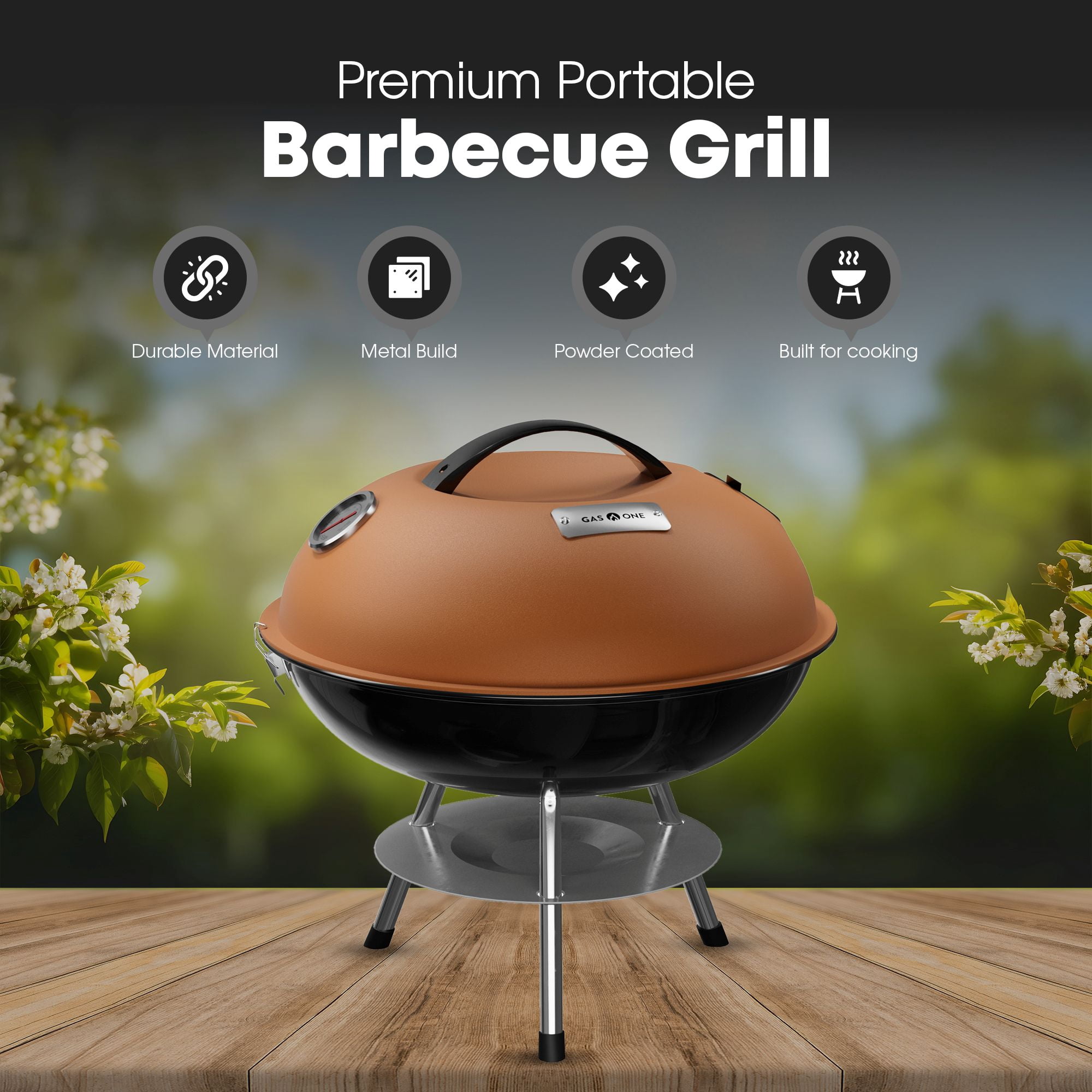 GasOne CG-14T – 14-inch Portable Barbecue Grill with 3-Point Locking Lid for Heat Preservation – Dual Venting System – Small Charcoal Grill for Backyard, Camping, Boat