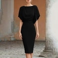 thumbnail image 2 of Women Solid Cowl Neck Dolman Short Sleeve Bodycon Midi Dress, High Waist Slimming Knee-Length Pencil Dress, Elegant Stretch formal office Party Wear Dresses Black L(L), 2 of 5