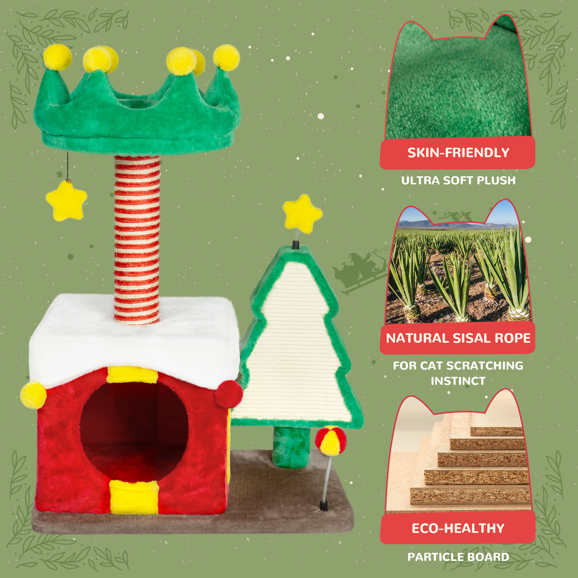 LHBCraft Christmas Cat Tree, 33.5" Multi-Level Cat Tower with Cat Condos, Top Perches, Sisal Ramp Scratching Posts, Cozy Basket, Hammocks, Large Cat Pet Activity Structure
