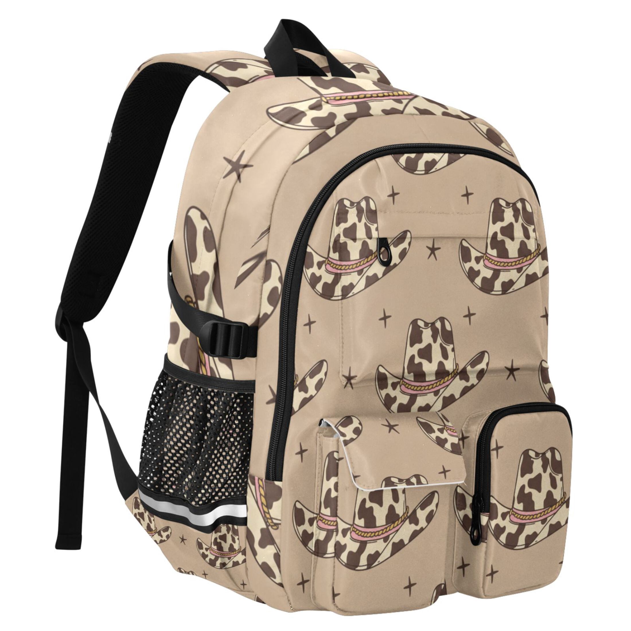 DIXRUYEE Retro Cowboy Hats with Cow Print Wild West Backpack for School 14”Laptop Compatible with Reflective Safety Strips