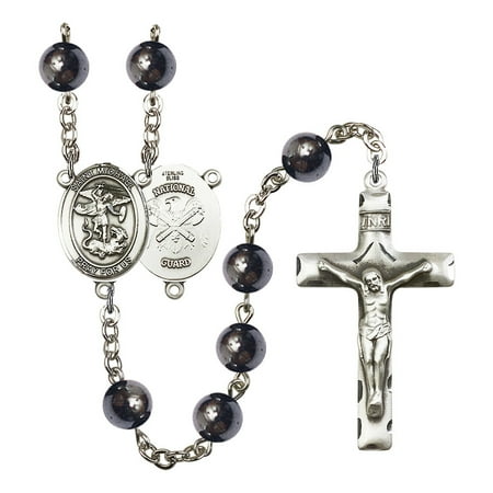 St Michael Rosary St. Michael / Nat'l Guard Silver-Plated Rosary 8mm Hematite Beads Crucifix Size 1 3/4 x 1 medal charm ()