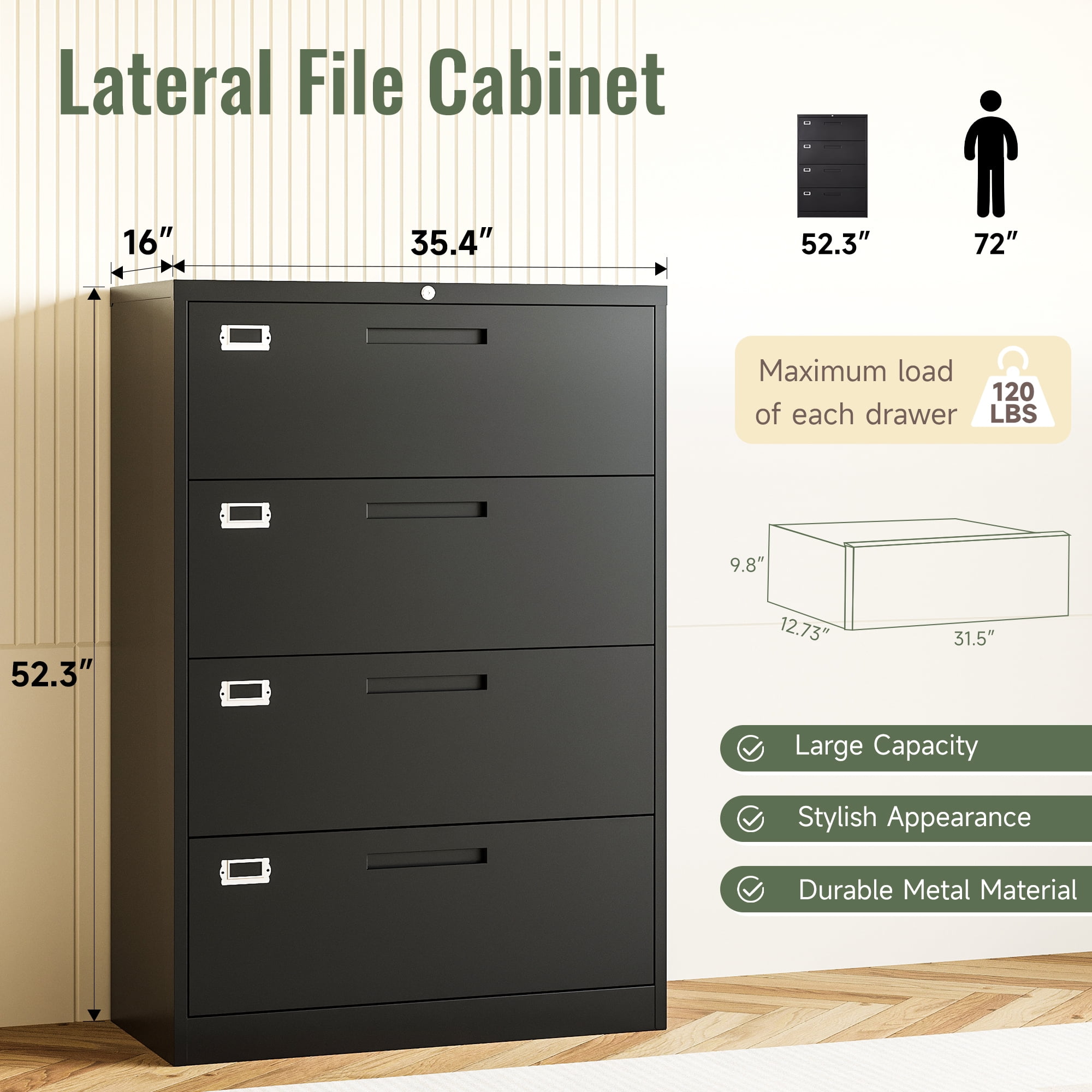 AUHUP 4 Drawer File Cabinet with Lock, Metal Lateral Filing Storage Cabinet Fits Letter/Legal/F4/A4 Size, File Cabinets for Home Office (Black-Assembly Required)
