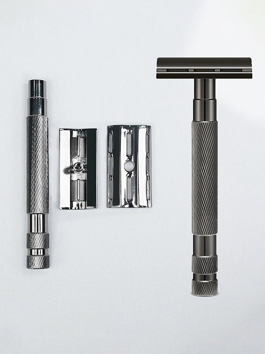 Waysh Classic Double Edge Safety Razor Gift Set for Men with Knurled Non-Slip Handle, Includes Stand & 20 Blades, Gunmetal Grey