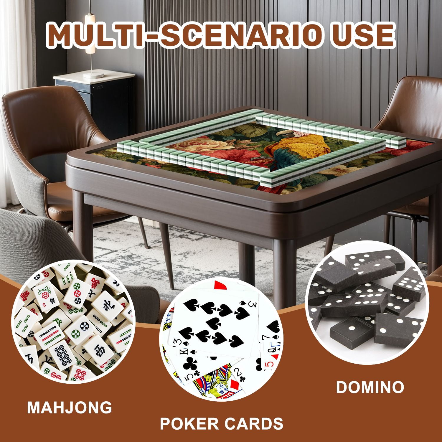 Mahjong Mat 31.5" x 31.5" Tropical Flowers Parrots Seamless Floral Summer For Non-Slip Noise Reduction American Mahjong Tiles Table Cover for Dominoes Poker Card Board Games Gift