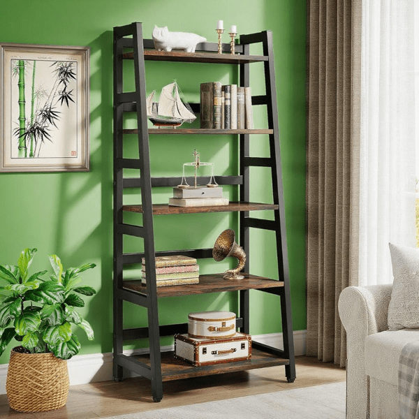 5-Tier Vintage Ladder Bookshelf, 50lbs/Shelf, Thick Particle Board & Metal Frame, Multi-Functional for Living Room, Office