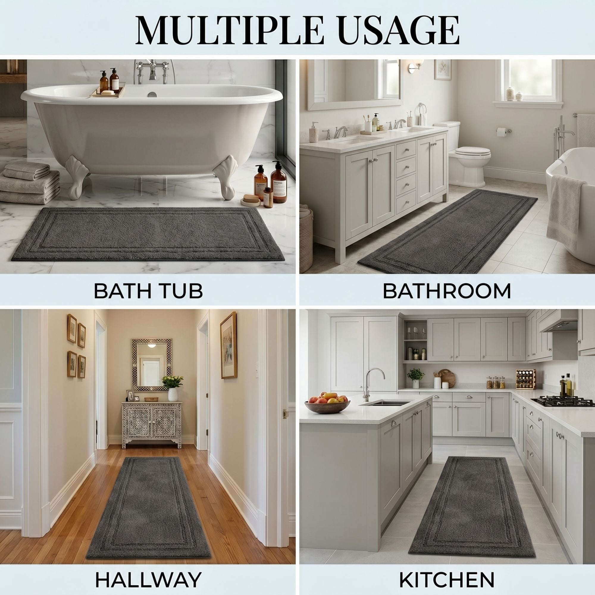 Superior Solid Bordered Cotton Washable Non-Slip Bath Rug, Runner Size, Charcoal