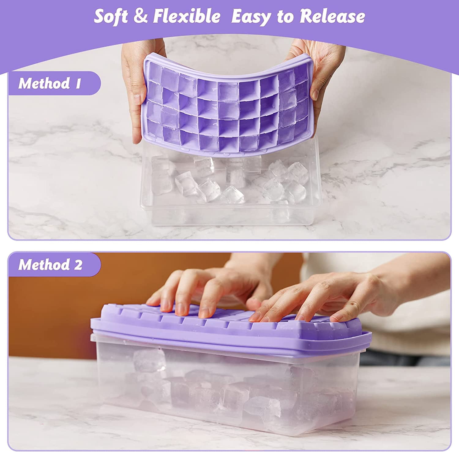 Silicone Ice Cube Tray with Leak-Proof Lid & Storage Bin for Freezer – BPA-Free 36-Piece Nugget Ice Molds, Spill-Resistant Cover & Ice Scoop Container Cover Violet