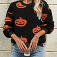 thumbnail image 3 of Women's Halloween Pumpkin Face Pullover Sweater;Oversized Funny Graphic Halloween Sweater;Breathable Lightweight Stretchy Polyester Fabric Top;Casual Knitted Long Sleeve Fleece Pumpkin Face Sweater, 3 of 5