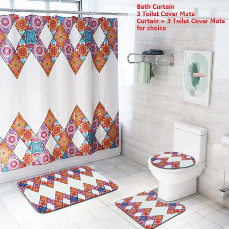 Bathroom Curtain And Rug Sets 70.8'' x 70.8'' Bohemian Style Waterproof Fabric Shower Curtain + 3 Pcs Non-Slip Pedestal Rugs Toilet Seat Lid Cover Bathroom Set ()