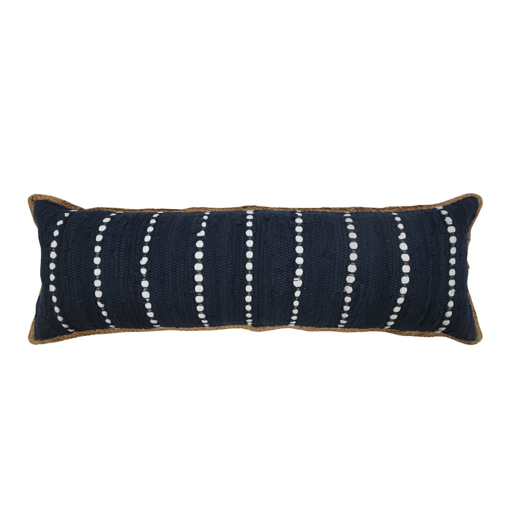 LR Home Riley Striped Jute Bordered Lumbar Throw Pillow, Navy Blue