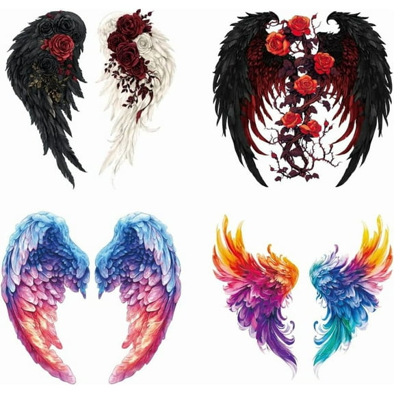 4 Pcs Wings Theme Heat Transfer Film Logo Stickers Set 4 Styles Angel Wings Devil Wings Rose Flowers Heat Transfer Stickers Iron on Decals for T-Shirts Patches Bags Hats DIY Crafts Colorful