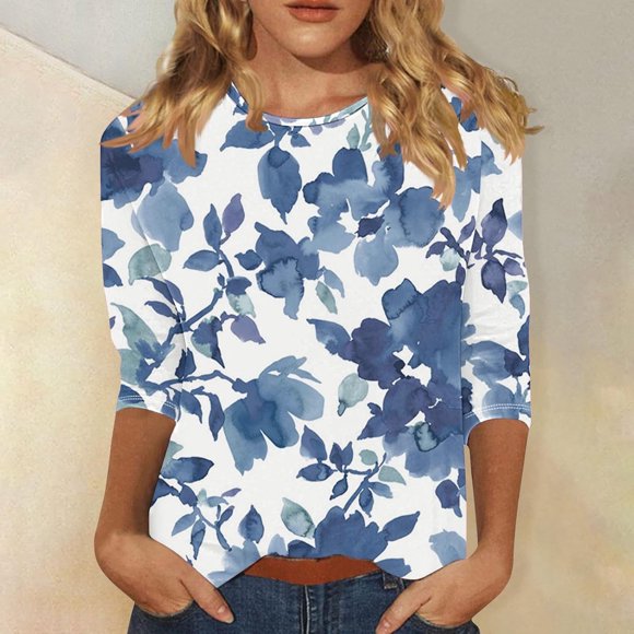 Women's Easter Rabbit Leisure Print Round Neck Oversized 3/4 Sleeve Sleeve T Shirt Top Miss Long Sleeve Shirts for Women Shirts Women Tees for Women Trendy Tops Women Casual Women's Graphic Long