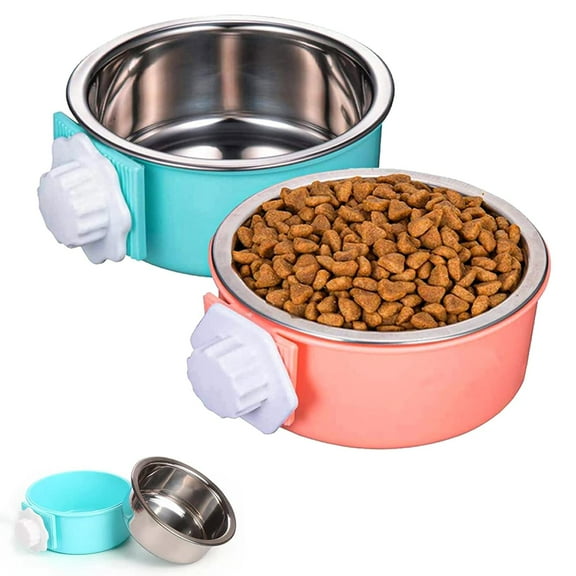 2pcs Crate Dog Bowl, Plastic Bowl & Stainless Steel Bowl Removable Hanging Food & Water Feeder 2-in-1 Cage Bowl Coop Cup for Cat, Dog, Birds