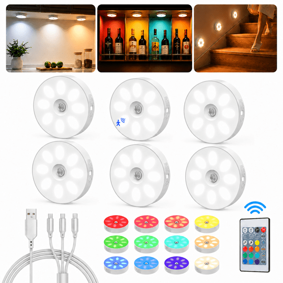 1000mAh Rechargeable Puck Lights with Remote, Motion Sensor Under Cabinet Lighting, 3 Color Temps & 12 RGB Colors, Dimmable Magnetic LED Stick-On Shelf Lights for Kitchen Closet Stairs, 6-Pack