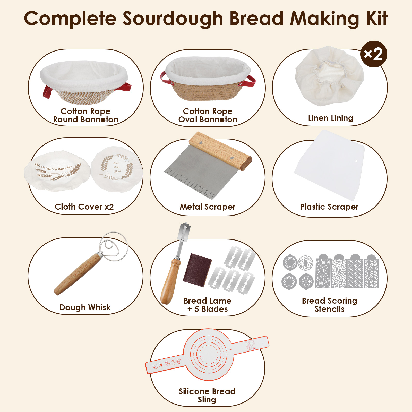 Banneton Bread Proofing Basket Sourdough Bread Baking Supplies with 9 Inch Round 10 Inch Oval Banneton Baskets