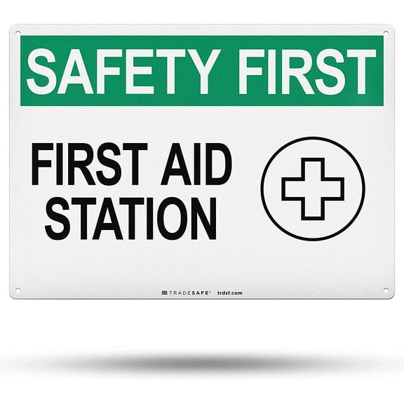 TRADESAFE First Aid Sign, Safety First Wall Signs, 14” x 10”, 40 Mil Aluminum Safety Sign
