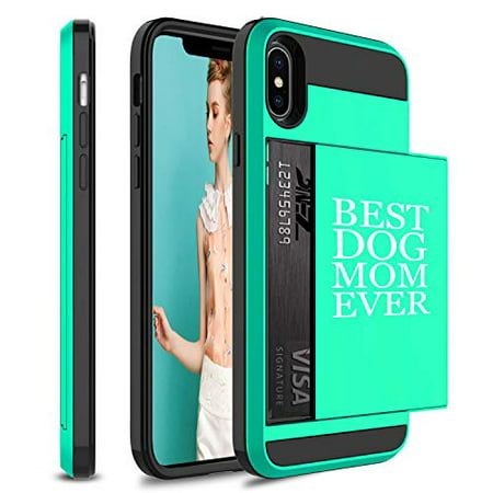 Wallet Credit Card ID Holder Shockproof Protective Hard Case Cover for Apple iPhone Best Dog Mom Ever (Seafoam-Green, for Apple iPhone X/iPhone (Best Iphone Credit Card Processing)