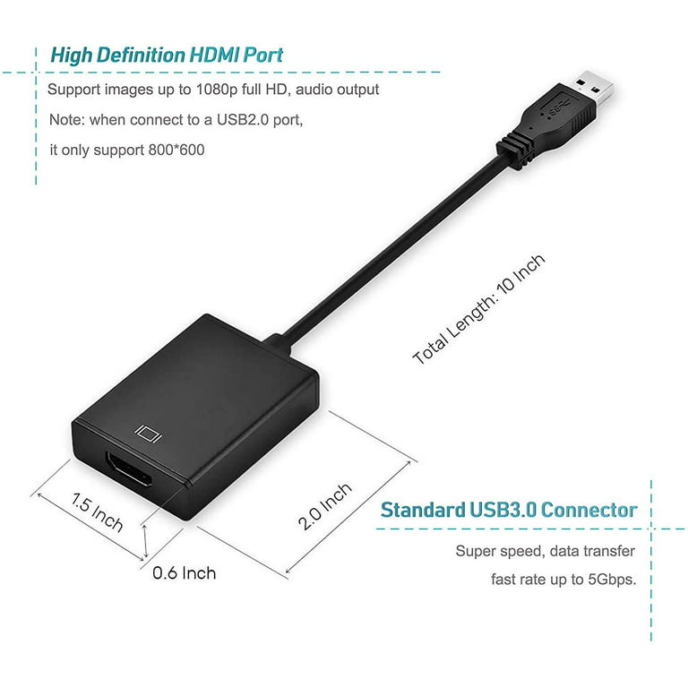 USB to HDMI Adapter for Monitor Windows 11/10 / 8, HDMI USB 3.0 Converter  for Laptop, USB HDMI Cable Adapter Multiple Monitors for Desktop PC TV