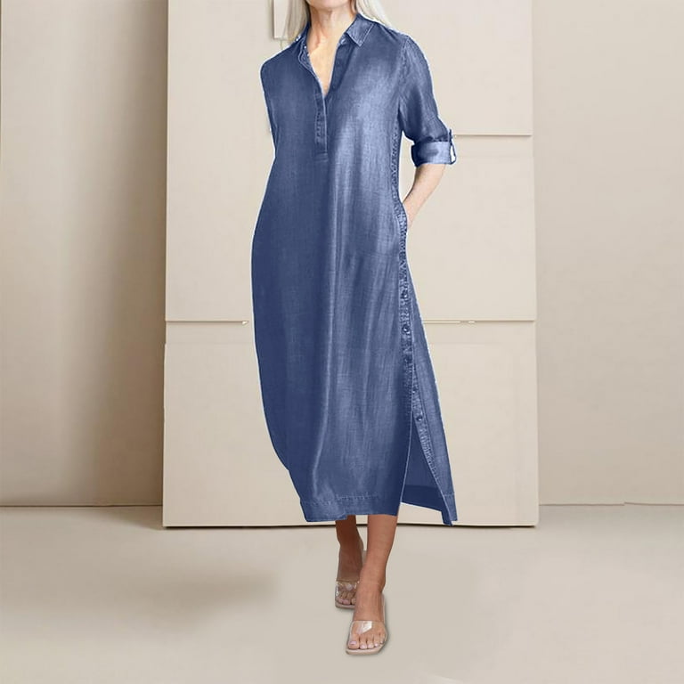 Mrat Plus Size Denim Dress, Womens Short Sleeve Flowy Denim Maxi Dresses, Button V Neck Loose Fitting Side Split Dress, New Summer Beach Vacation