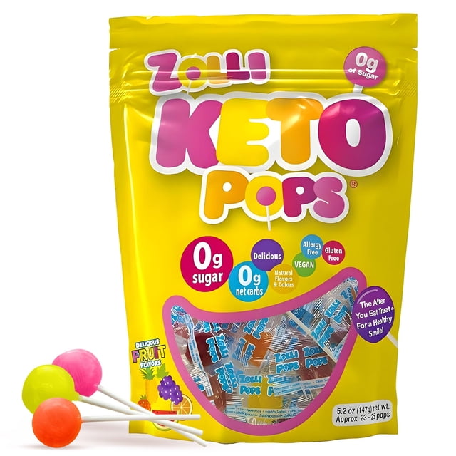 Zolli KETO Pops - Paleta de caramelo sin azúcar, vegano, sin gluten, apto para diabéticos, bolsa resellable de 5.2 onzas