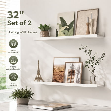 Picture Ledge Shelf Floating Shelves Set of 2 32 Inches White Nursery Book Shelves for Toys Storage and Kids Bookshelf Wall Mounted for Living Room Bedroom Decor