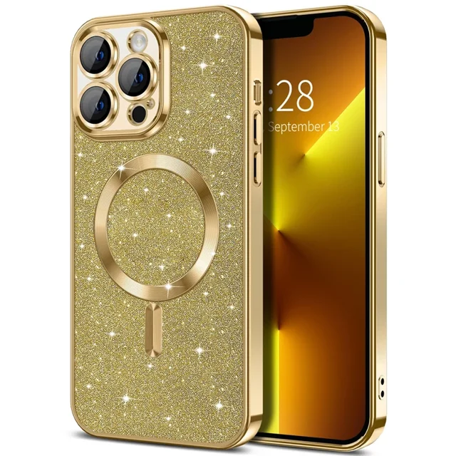 Electroplate With Lens Protector Phone Case For iPhone 15 14 11 12 13 Pro Max For Magsafe Wireless Charge Bumper Glitter Cover Gold For iphone11
