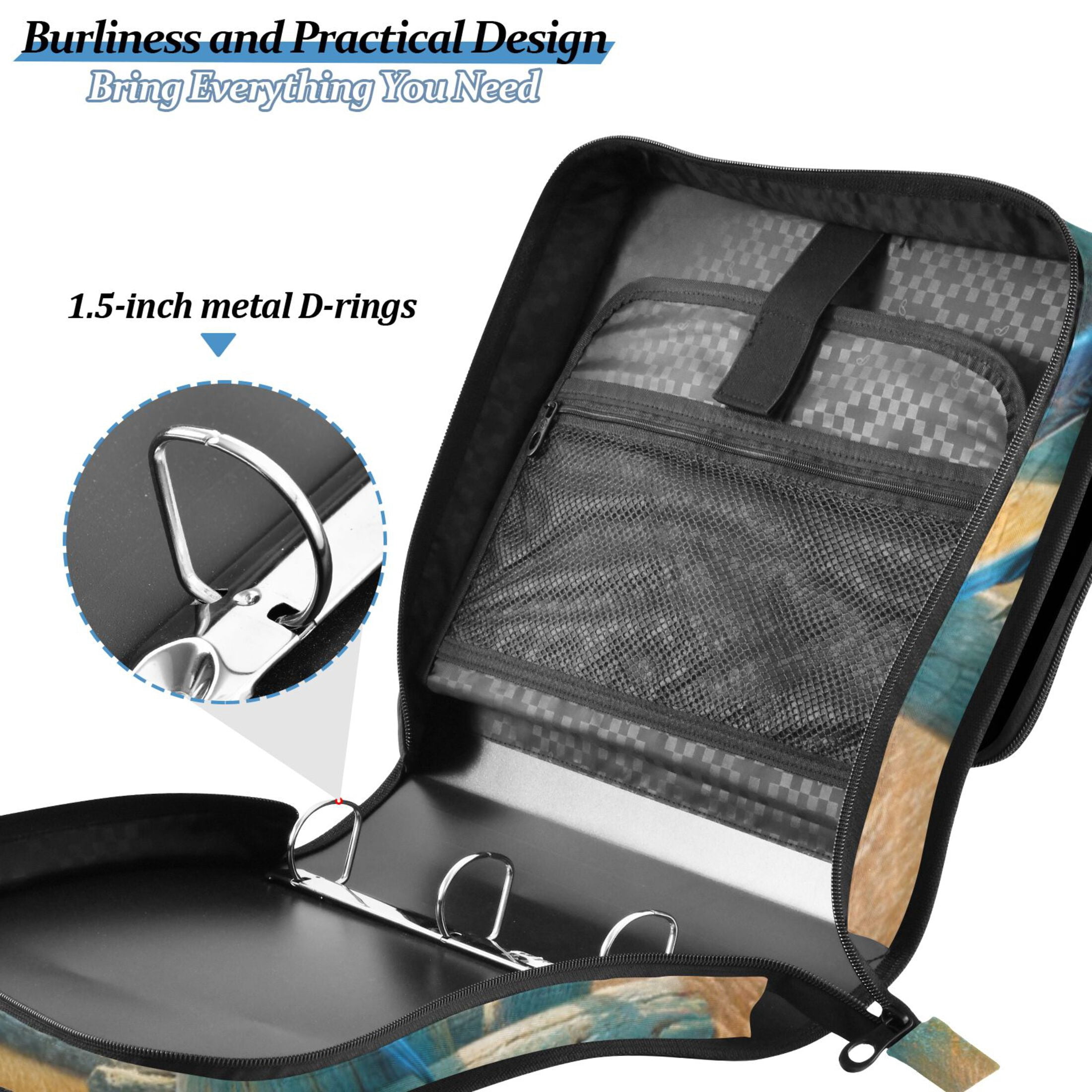 3 Ring Zipper Binder with Shoulder Strap Waterproof Trapper Keeper 2 Inch D-Ring 500 Sheets Capacity Bluebirds and Forests