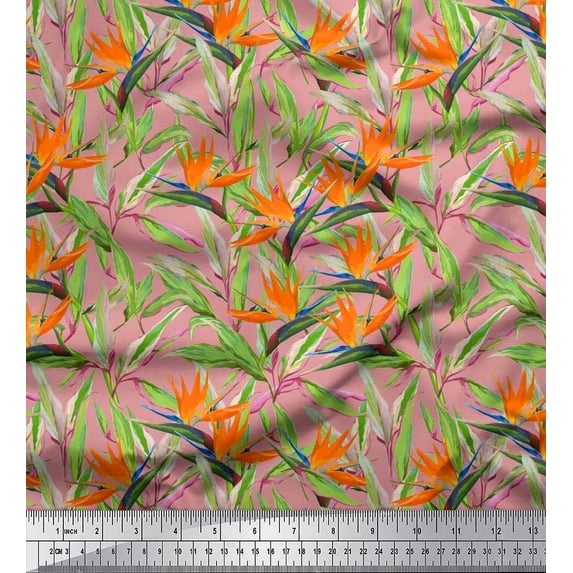 Soimoi Silk Fabric Leaves & Tropical Flower Watercolor Printed Craft Fabric by The Yard 42 Inch Wide