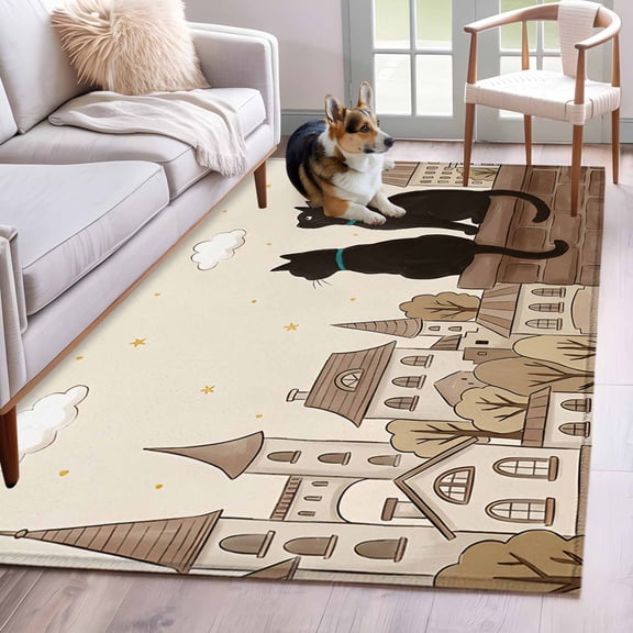 Vintage Rustic Area Rugs 3'x5', Washable Small Throw Rugs for Living Room Bedroom, Farmhouse Houses Building Cats Beige Indoor Outdoor Rug Non-Slip Low Pile Carpet Runner Reversible Floor Mats