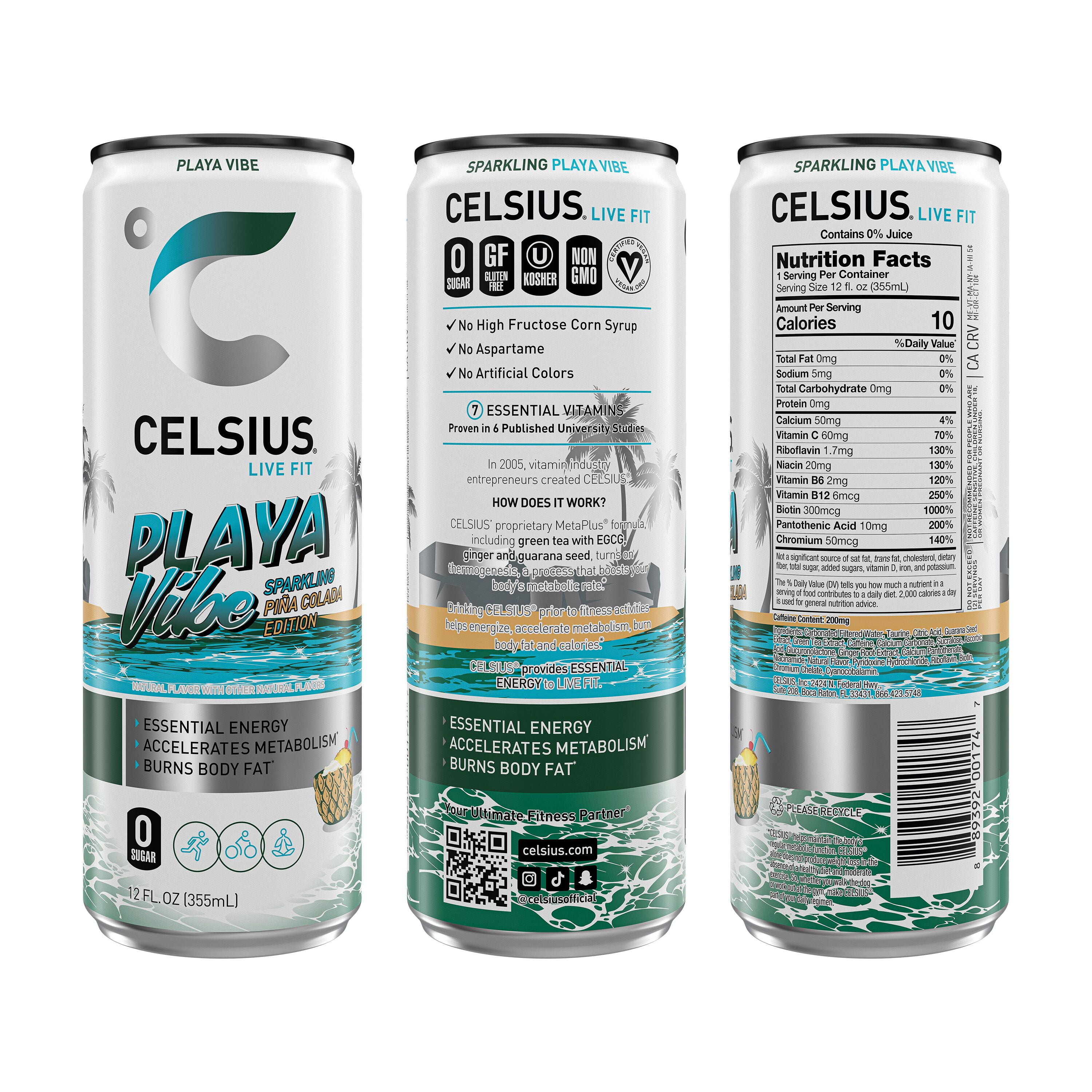 CELSIUS Sparkling Playa Vibe, Functional Energy Drink 12 fl oz (Pack of 12)