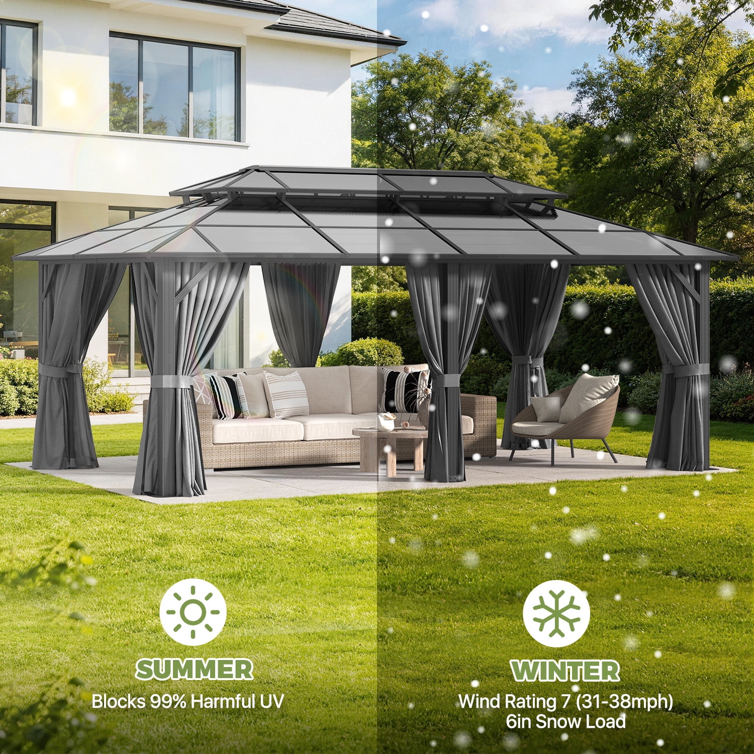 BaPiPro 20x12 FT Outdoor Gazebo, Double Roof Polycarbonate Hardtop, Iron Frame, Black & Gray, UV Protected, Weather Resistant, for Patio Backyard Deck Lawn
