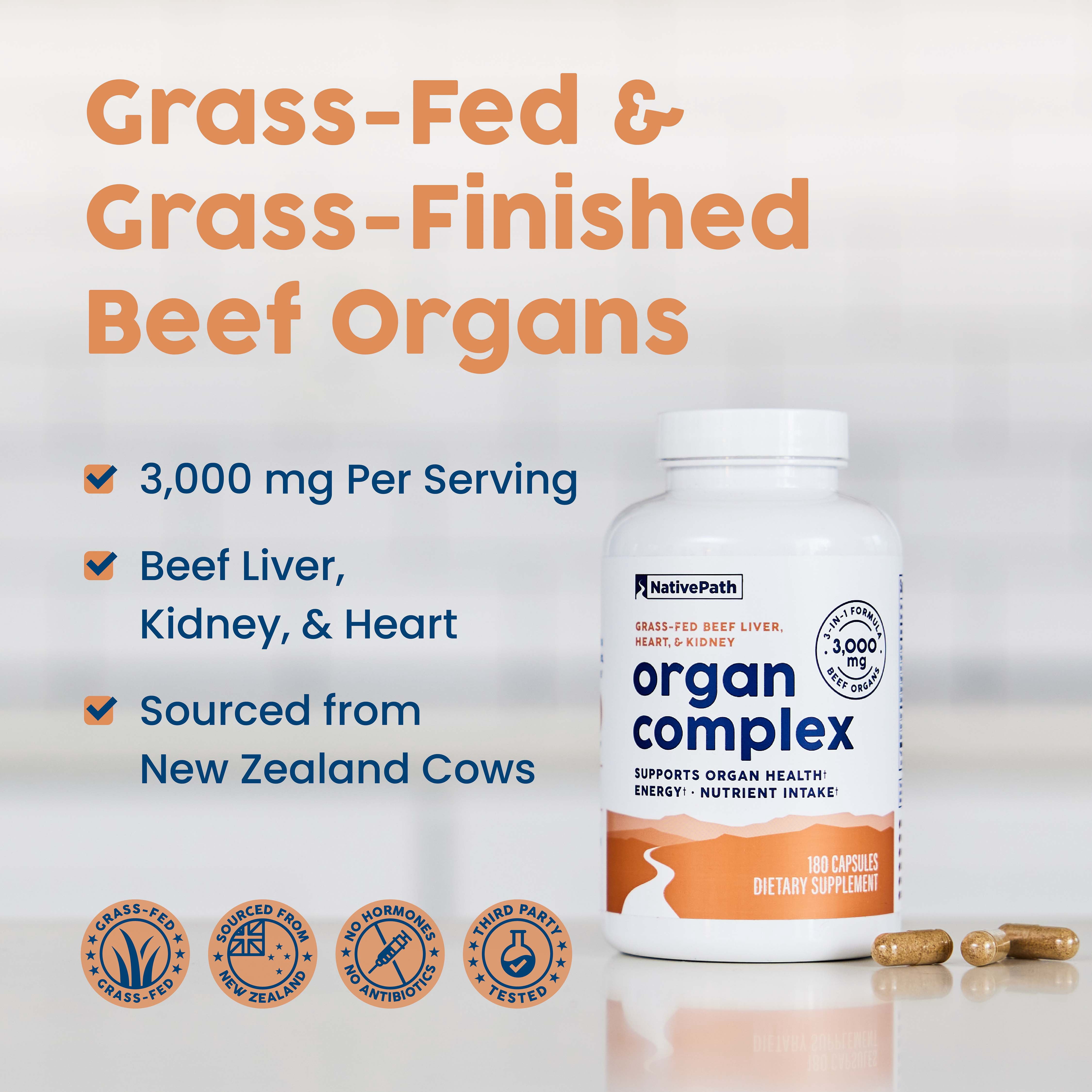 NativePath Beef Organ Complex, Grass-Fed Liver, Heart and Kidney, Freeze-Dried, 180 Count