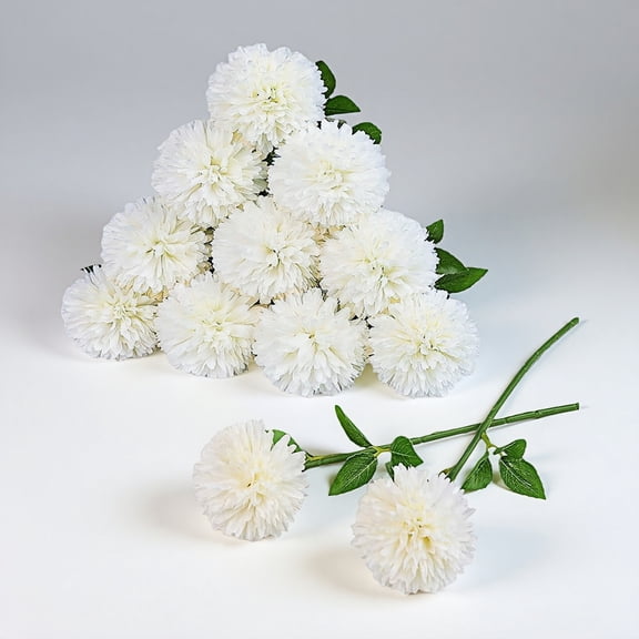 WuPing White Artificial Ball Chrysanthemum 12 Pcs Stems Faux Flowers with Bendable Stems for DIY Wedding Centerpiece Decor