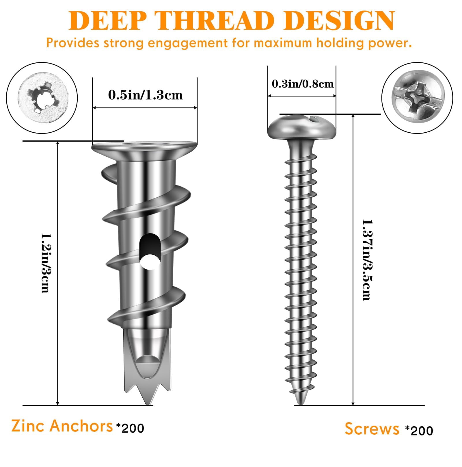 400 Pieces Zinc Self Drilling Drywall Anchors with Screws Kit, (200 Anchors+200 Screws) Bulk Heavy Duty Metal Wall Anchors and #8 x 1-1/4'' Screw