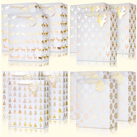 UNIQOOO 12PCS Metallic Gold Christmas Gift Bags Bulk with Tag, Large 12.5 x10.5 Inch, Assorted Snowflake, Reindeer, Xmas Tree Holiday Gift Wrap Paper Bag For Shirt, New Year Party Favor Gift Packaging