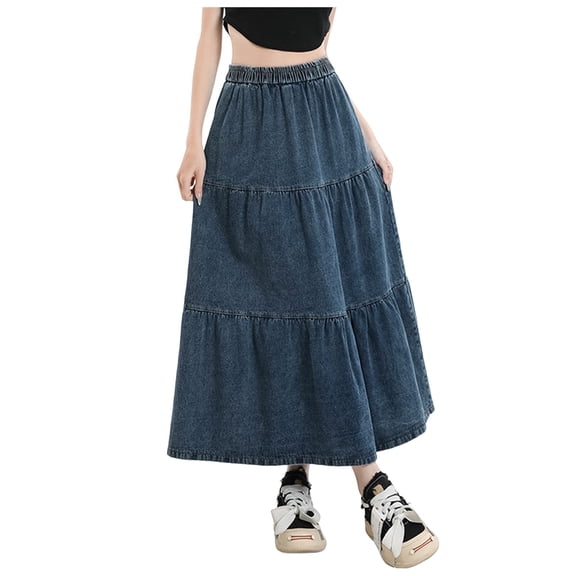 Angala Womens Skirts Tiered Denim Maxi Skirts Summer High Elastic Waist Solid Comfortable Casual Loose Dailywear Adult Skirts Size L Blue