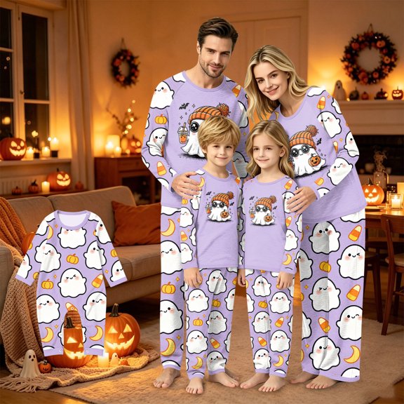 Halloween Family Pajamas Set Long Sleeve Crew Neck, Soft Matching Halloween Pajamas with Ghost Pumpkin Candy Print, Cute Family Halloween Pajama Set Sleepwear