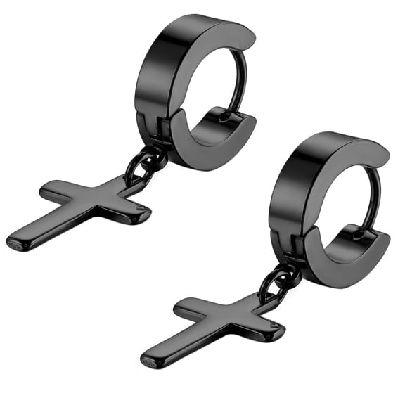 MIORA Vintage Stainless Steel Hinged Huggie Cross Dangle Hoop Earrings for Women Men-Black