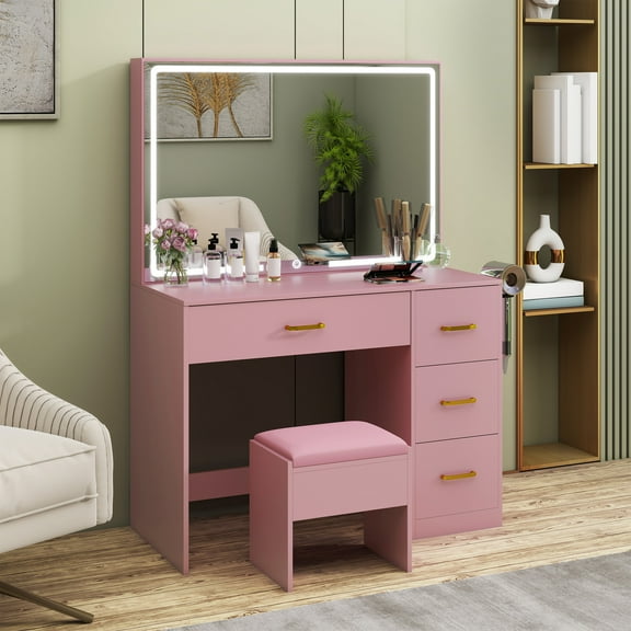 Craftian Makeup 4 Drawers Desk with LED Mirror, Vanity Table with Power Strip, Stool, Pink