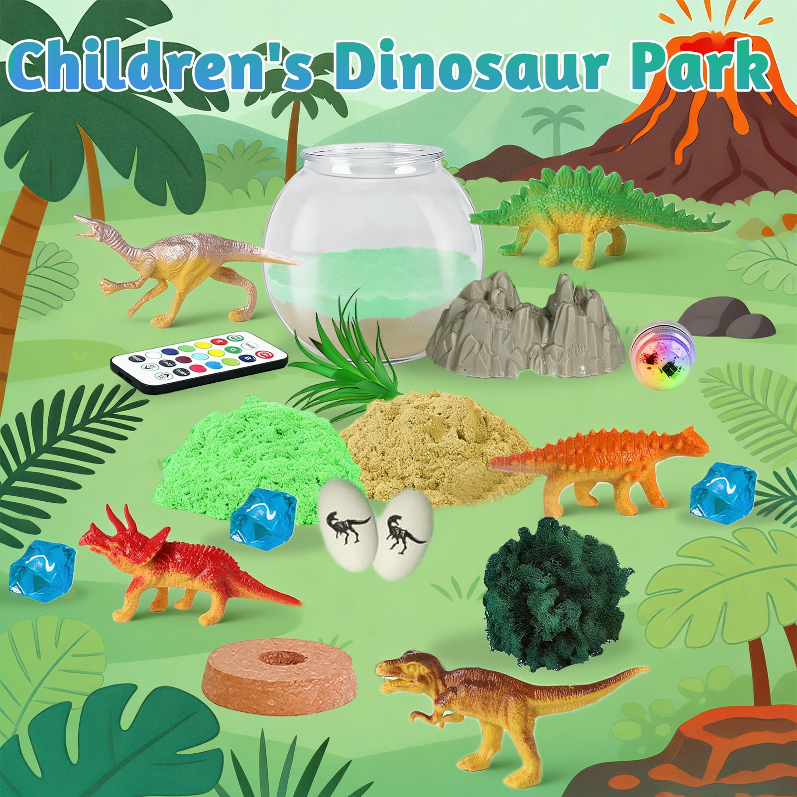 Sunforu Dinosaur Terrarium Kit with 13-Color LED Night Light & Remote, DIY Prehistoric Garden, Creative Craft Toy, Unique Birthday Christmas Gift for Kids Boys Girls Ages 6+
