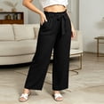 thumbnail image 2 of BiZtdJrK Straight Leg Casual Pants for Women Ruffle Elastic High Waist Drawstring Dressy Work Pants Plus Size Solid Color Summer Trousers with Pockets Black XXXXL, 2 of 7