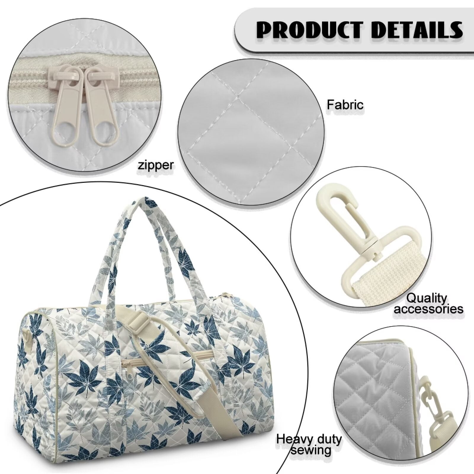 Xixirimido Women Quilted Travel Duffle Bag Duffel Overnight Bags Large Carry on Tote Bag Weekender Traveling Yoga Gym Hospital Bag, Abstract Leaves