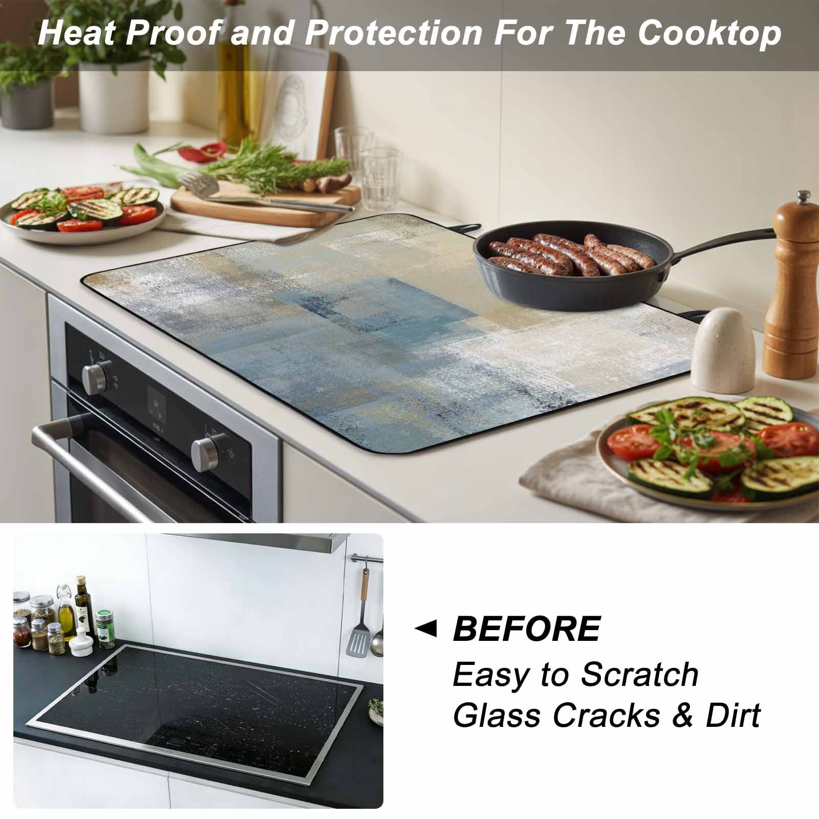 Blue Grey Beige Stove Top Cover for Electric Stove, Heat-proof & Non Slip Glass Top Stove Cover Protector, Abstract Modern Art Oil Painting Kitchen Flat Cooktop Rubber Mat 24x21 Inches