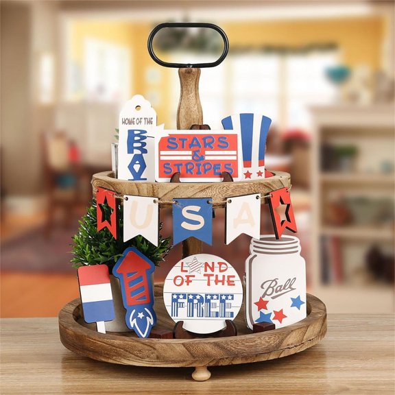 AZXY Patriotic Table Decorations,4th July Decorations,Independence Day Layered Tray Decoration for Rural Farmhouses Memorial Day Wooden Decorative Ornaments